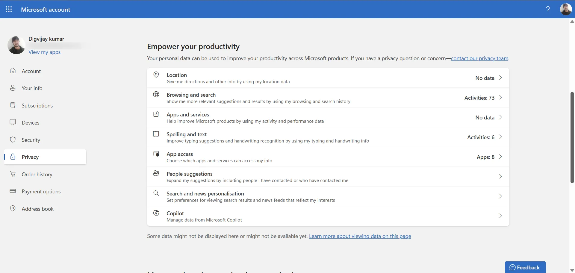 Dashboard sulla privacy che mostra le categorie di attività.