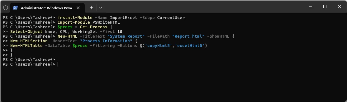 Comando di esportazione del modulo PSWriteHTML