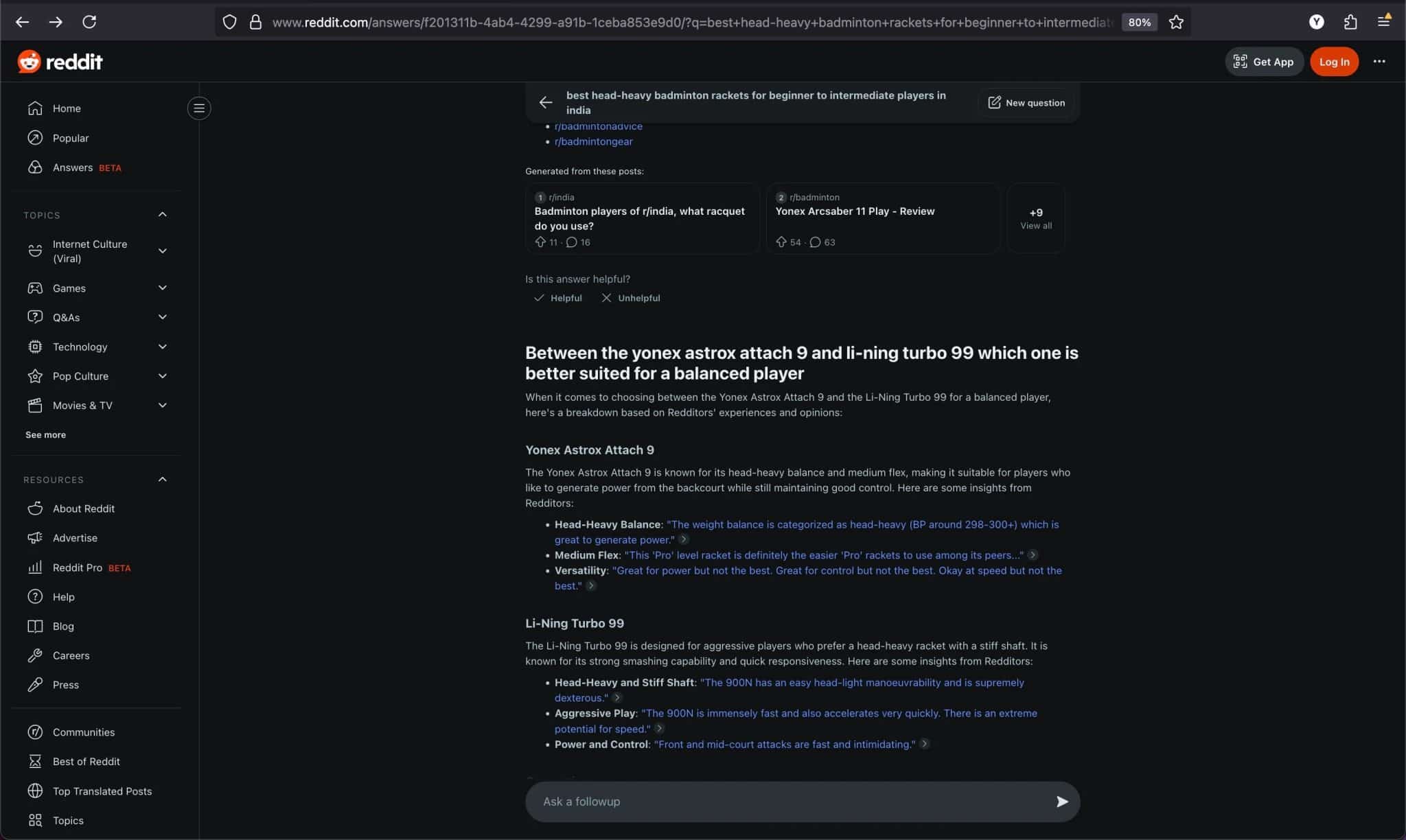 Risposta di Reddit Answers a una domanda successiva sulla scelta della racchetta migliore tra due opzioni.