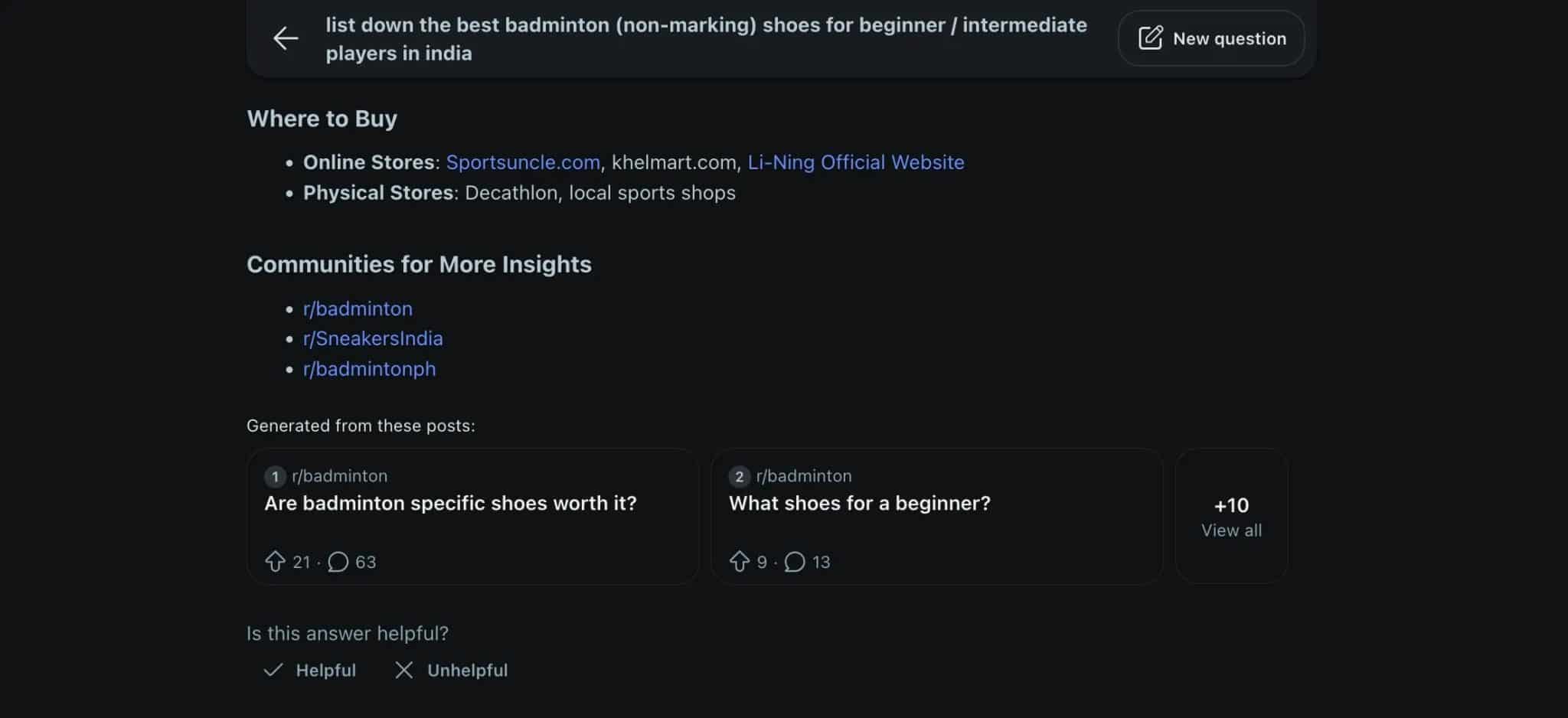 Elenco delle community e delle fonti correlate sotto la risposta di Reddit Answers.