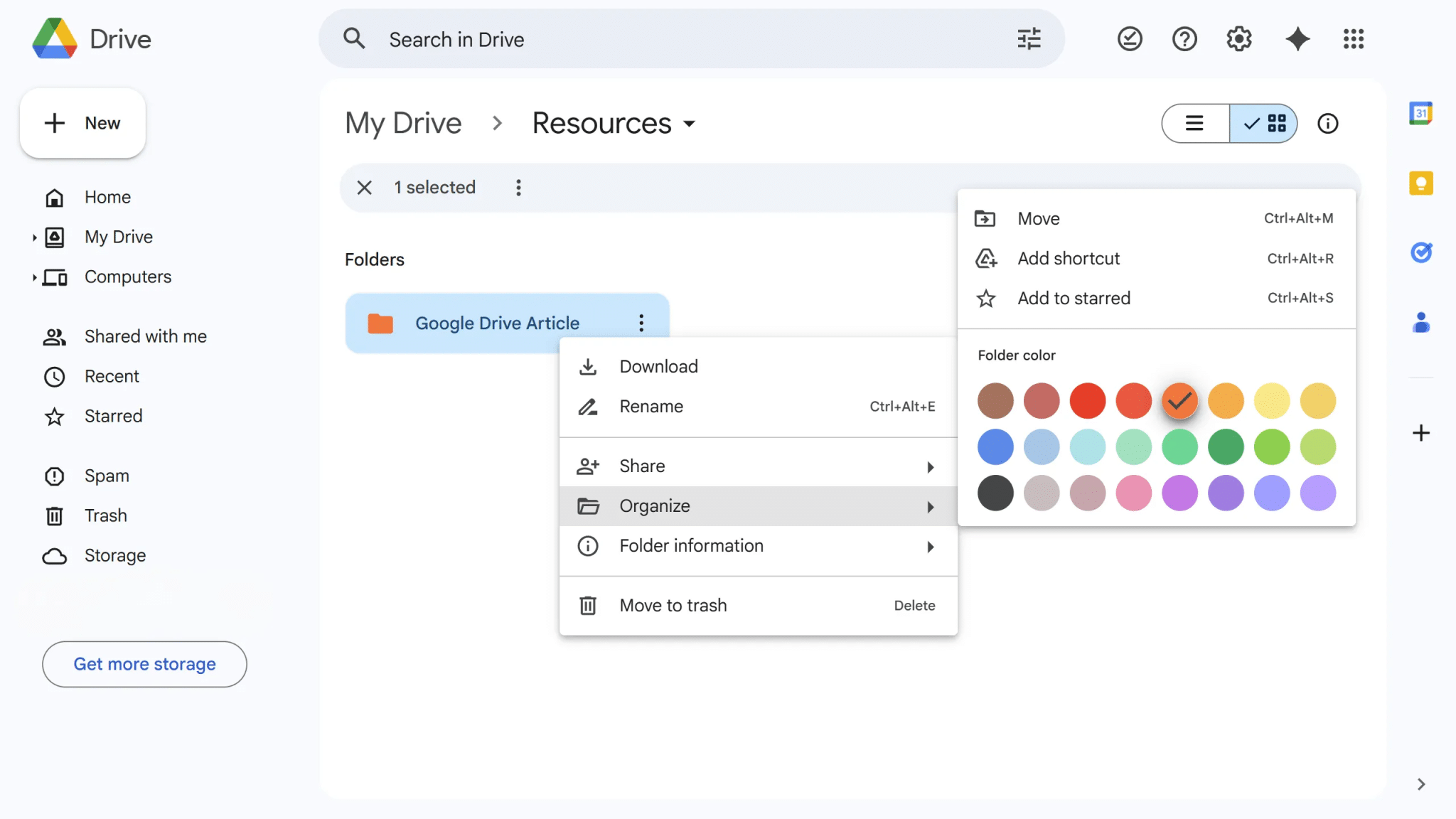 قائمة النقر بزر الماوس الأيمن في Google Drive تعرض لوحة ألوان التنظيم.