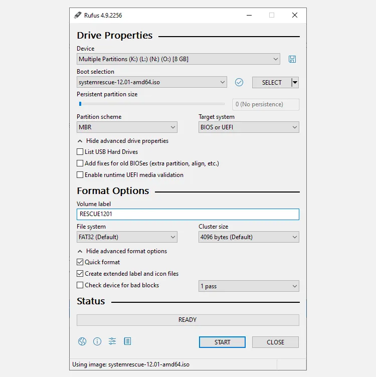Rufus ISO-zu-USB-Tool mit Systemrescue