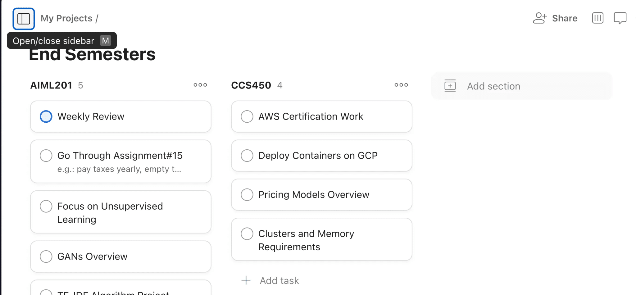 Pagina dei progetti Todoist aperta con 2 progetti diversi visibili