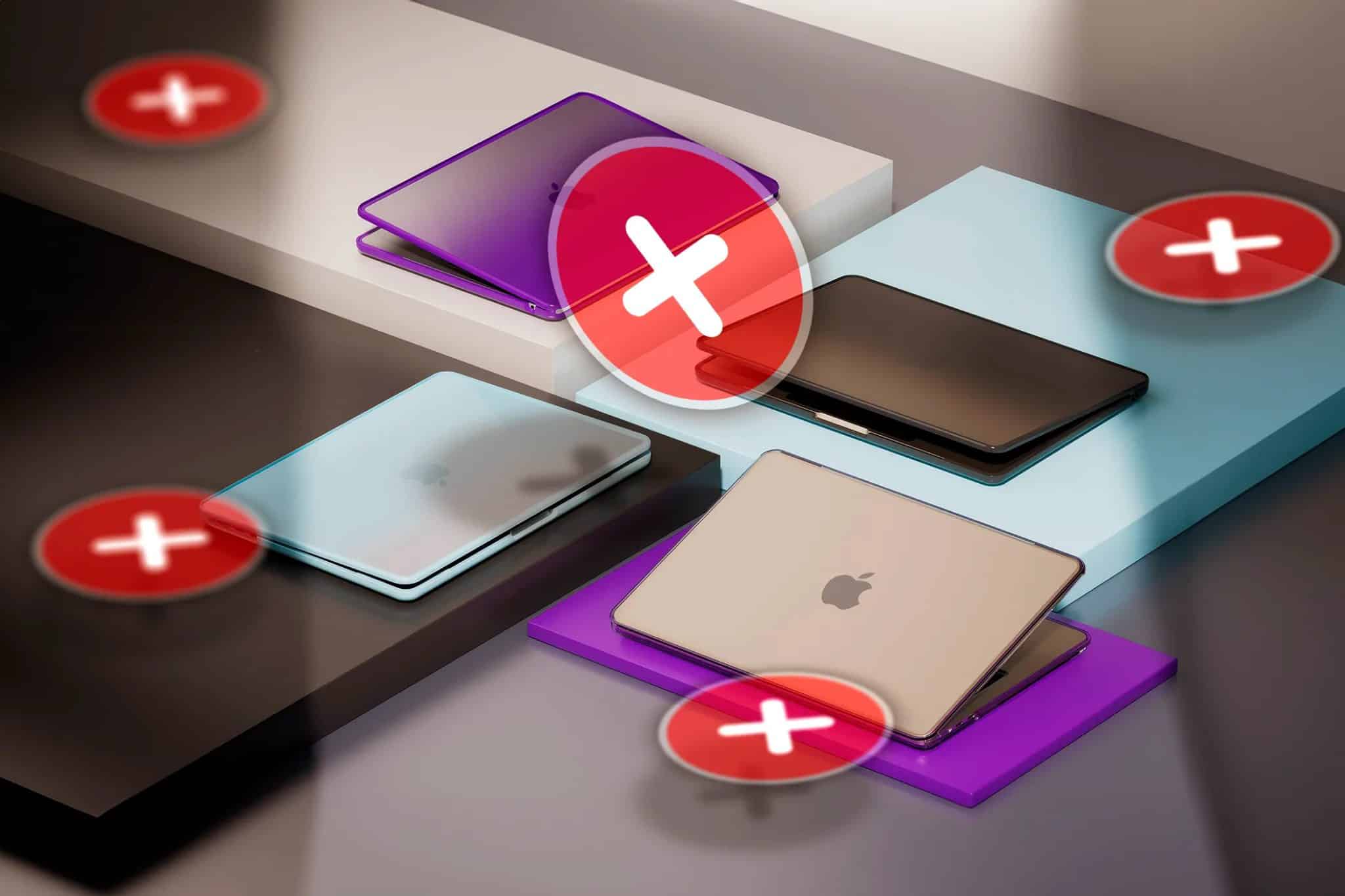 Custodie protettive rigide per MacBook con segni "X" attorno.