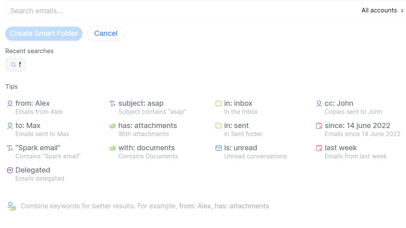 Suggerimenti sulle parole chiave di Spark Mail per le cartelle intelligenti.