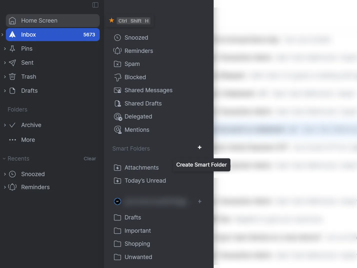 Barra laterale di Spark Mail che mostra varie cartelle di posta elettronica.