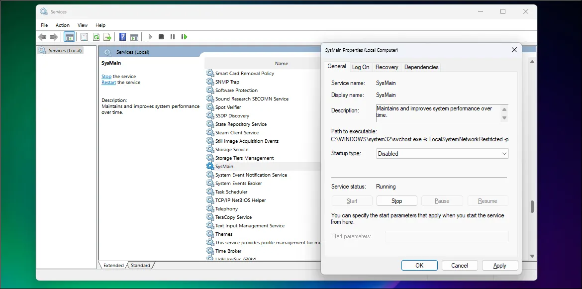 在 WIndows 11 中的服務應用程式上開啟 SysMain 屬性對話框