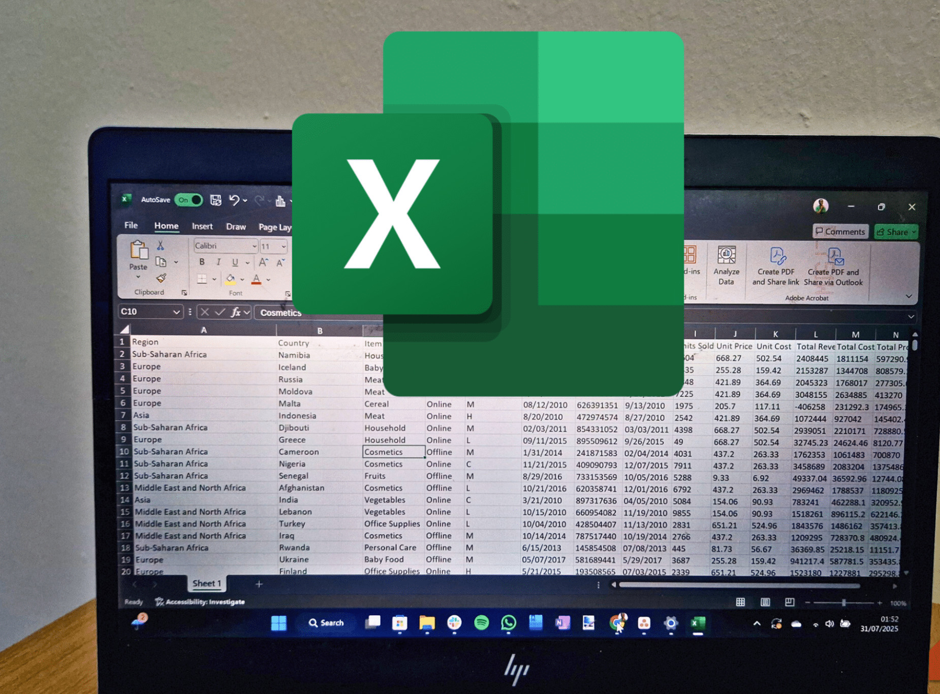 Logo di Excel su un foglio di calcolo