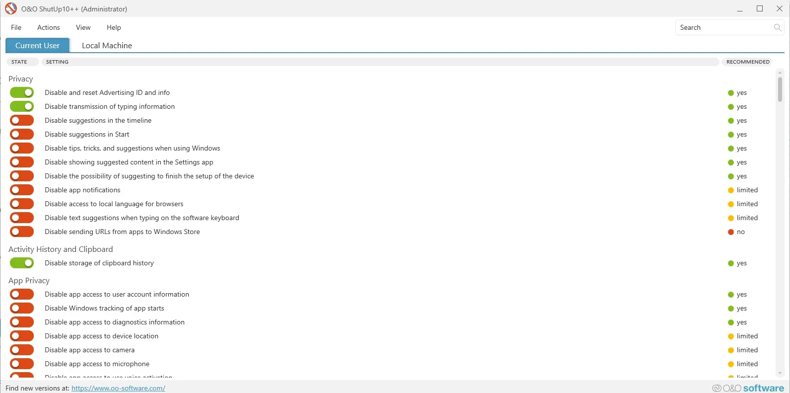 O&O ShutUp10++ 用於關閉 Windows 11 遙測