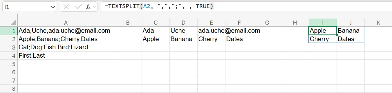 Excel 中的 TEXTSPLIT 函數具有多個分隔符號並分割到不同的行