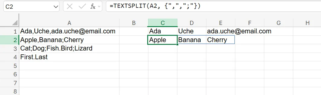 Excel 中具有多個分隔符號的 TEXTSPLIT 函數