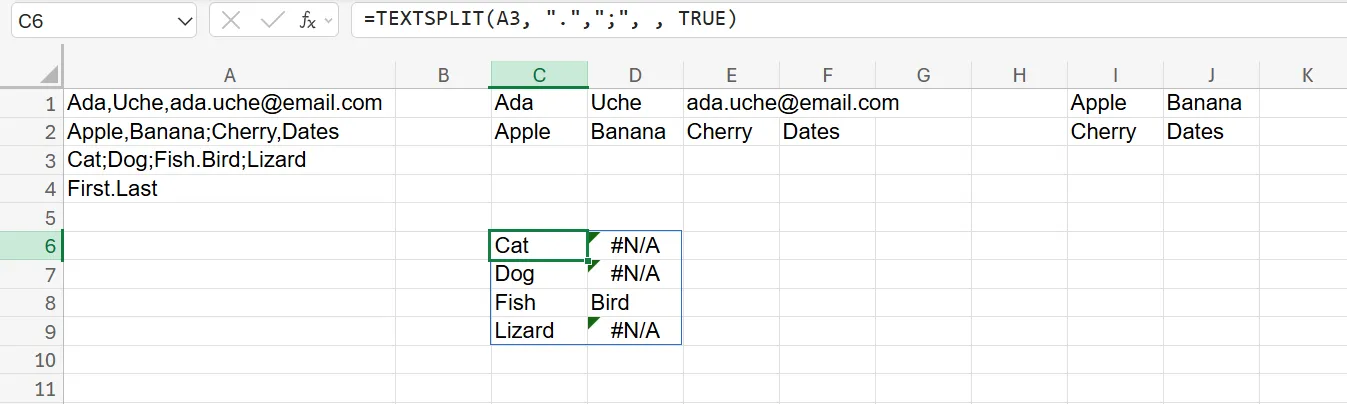 Excel 中的 TEXTSPLIT 函數使用不同的分隔符號將單字分割到不同的行中