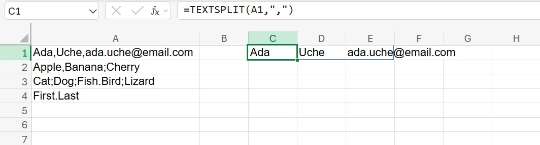 Excel 中的 TEXTSPLIT 函數