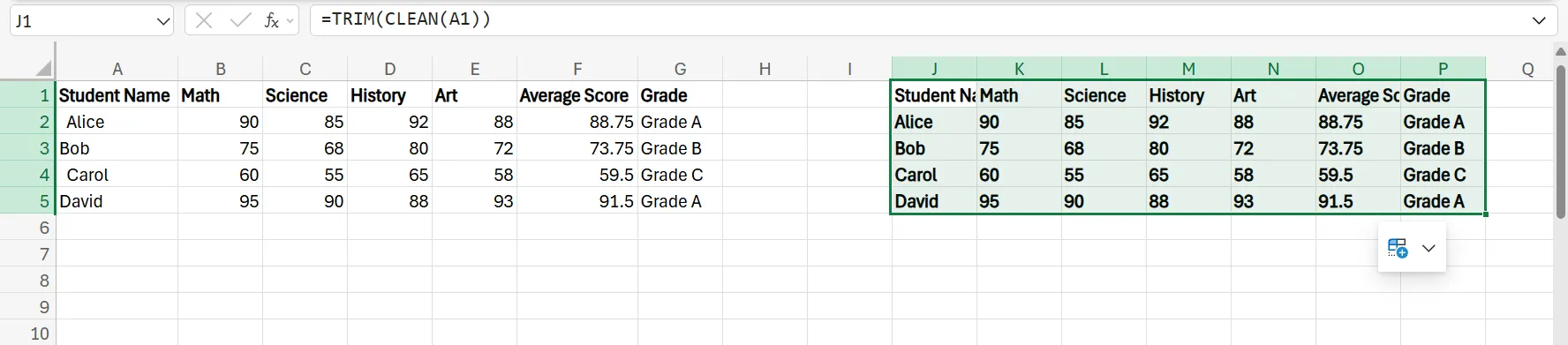 Excel 中的 TRIM 和 CLEAN 函數一起使用