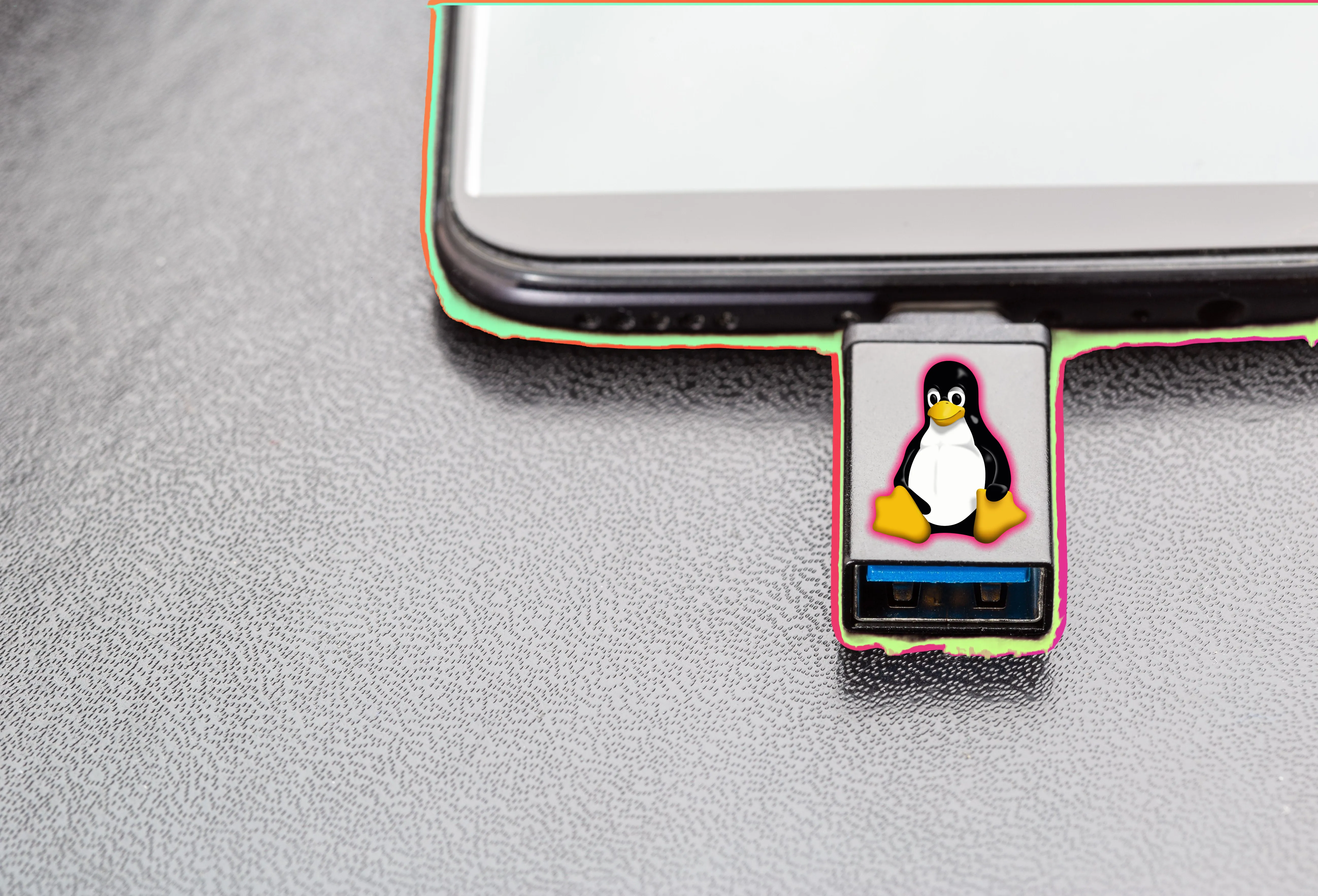 Tux Linux Pinguin-Logo auf einem USB-Stick, der in einen Laptop eingesteckt ist