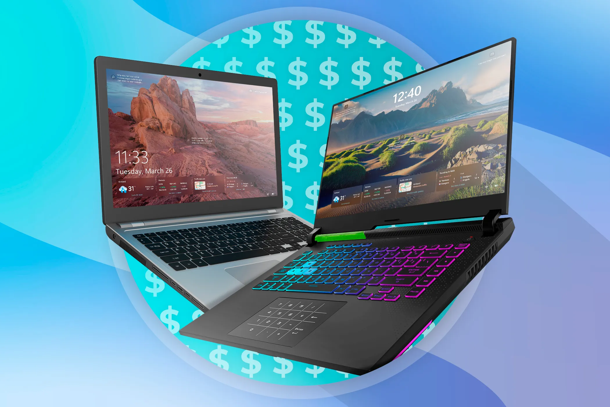 Due computer portatili uno accanto all'altro con alcune icone del dollaro sullo sfondo.