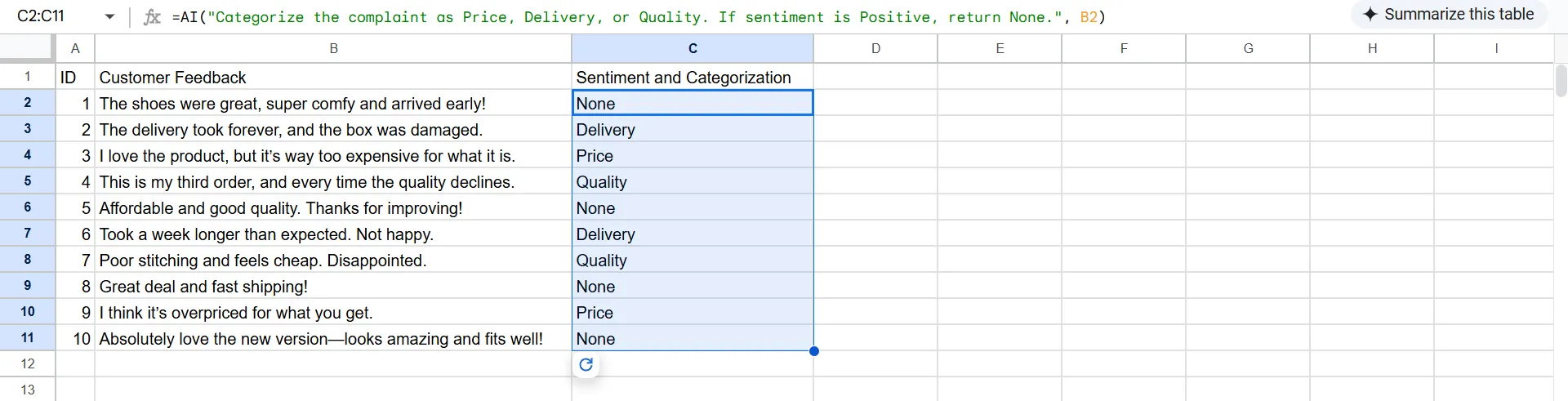 使用 Google Sheet 的 AI 功能來識別客戶情緒趨勢並對回應進行分類。