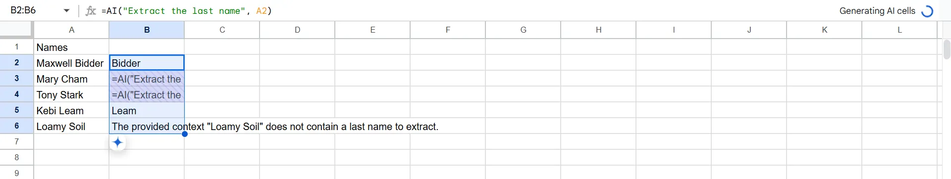使用 Google Sheet 中的 AI 函數從一列中的一系列儲存格中提取姓氏