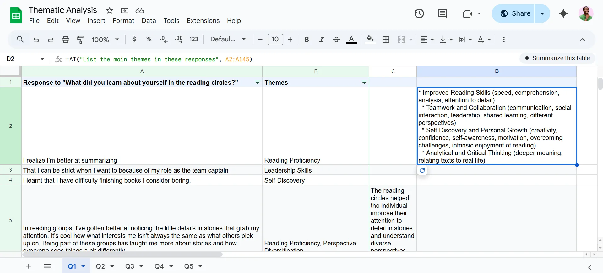 使用 Google Sheet 中的 AI 功能從一系列儲存格中提取要點