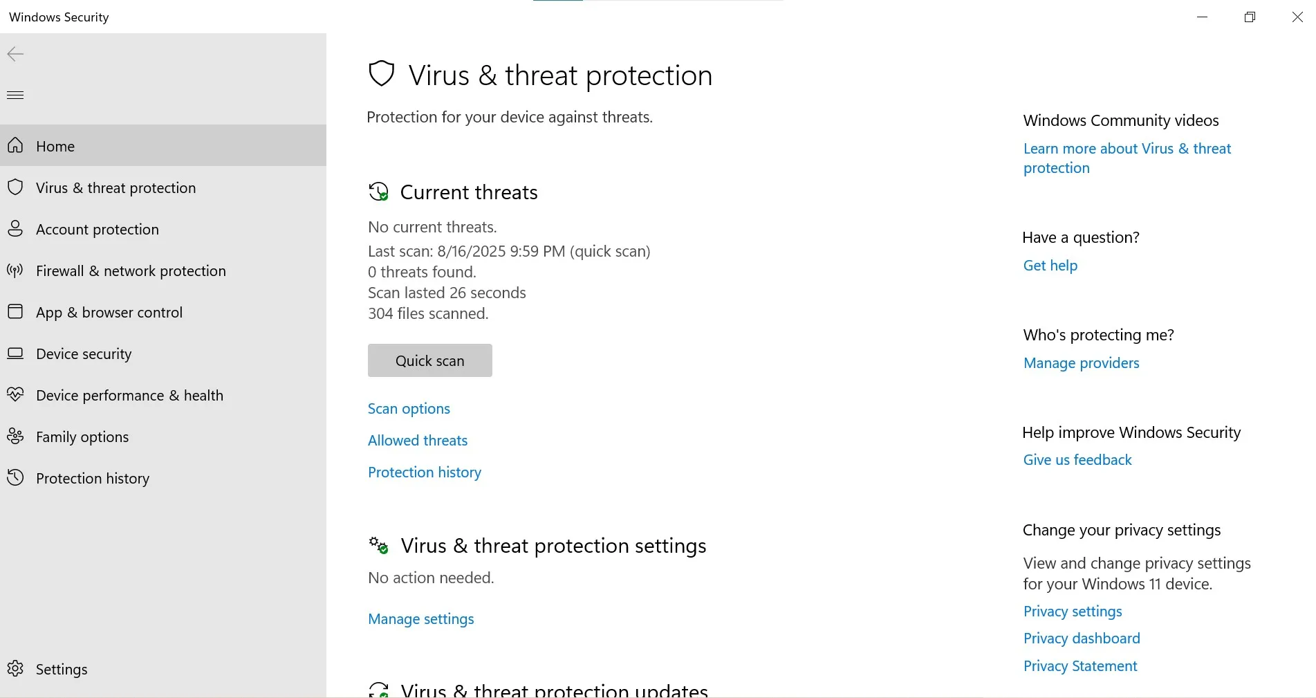 Strona ochrony przed wirusami i zagrożeniami w aplikacji Zabezpieczenia systemu Windows.