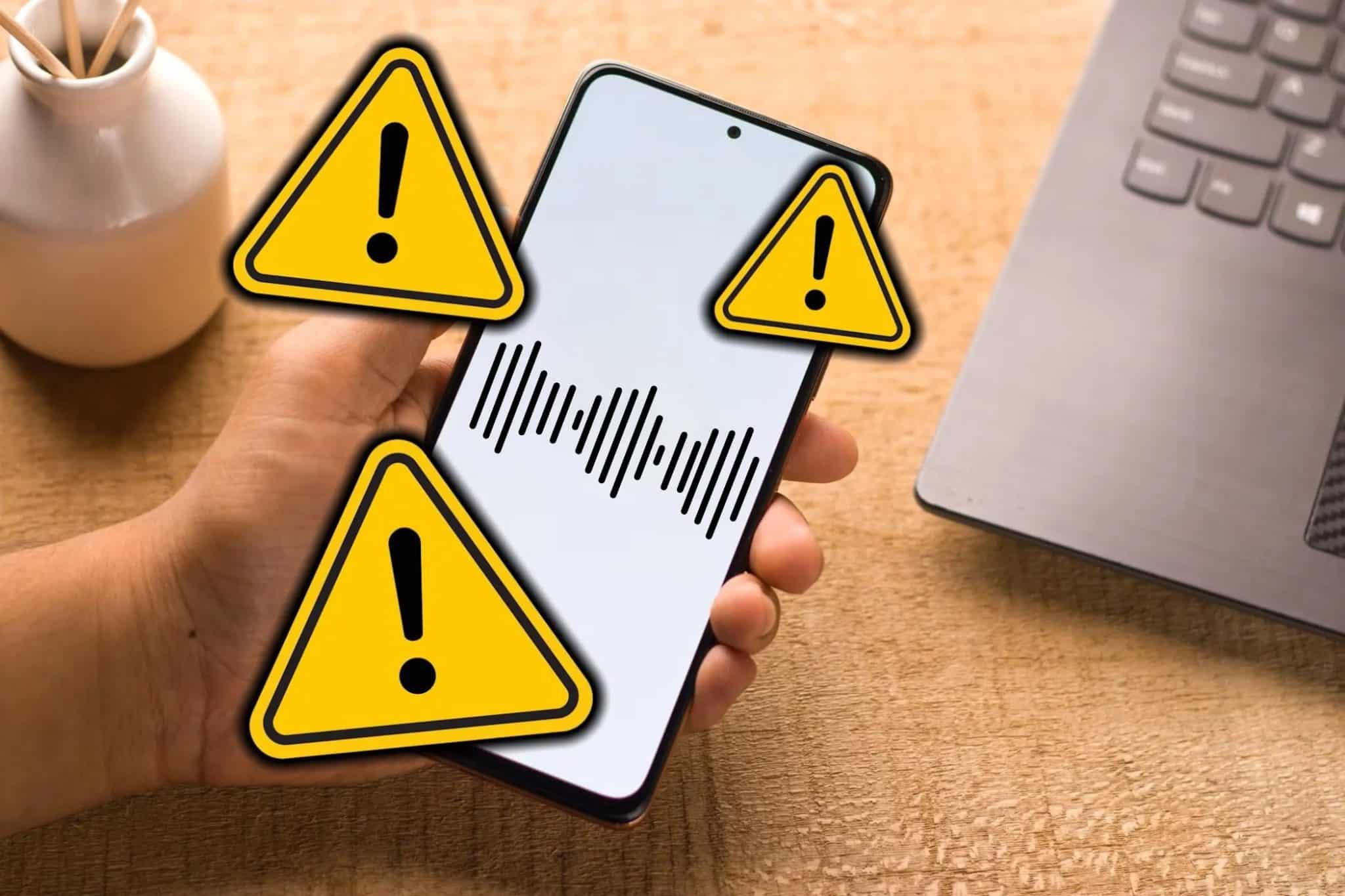 Onda sonora sullo schermo dello smartphone con segnali di avvertimento.