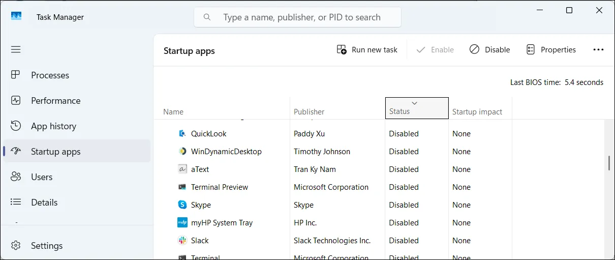 Windows 11 工作管理員啟動應用程式列表