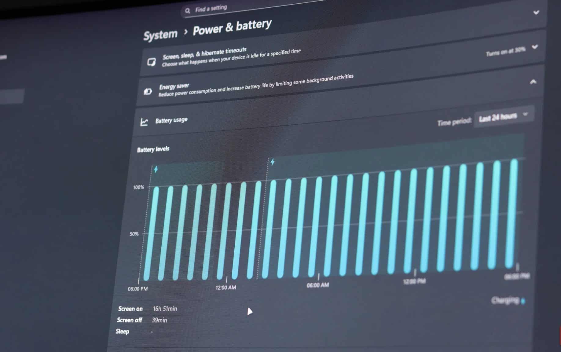 Menu de configurações de energia e bateria no Windows 11