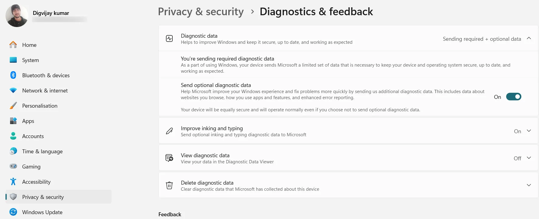 Pagina delle impostazioni di diagnostica e feedback di Windows.