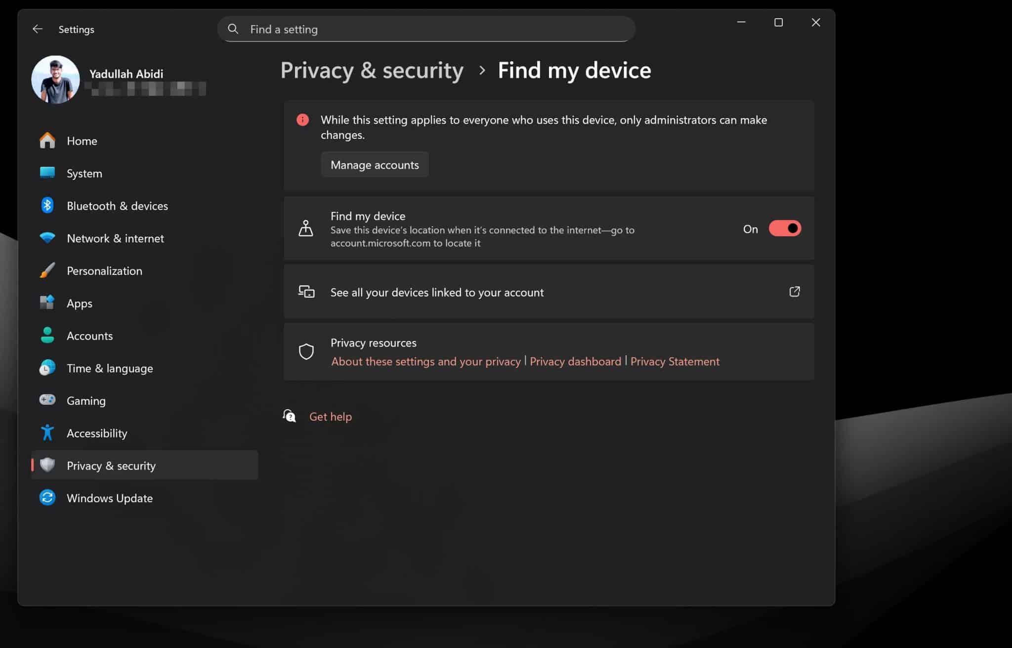 Impostazione Trova il mio dispositivo in Windows 11