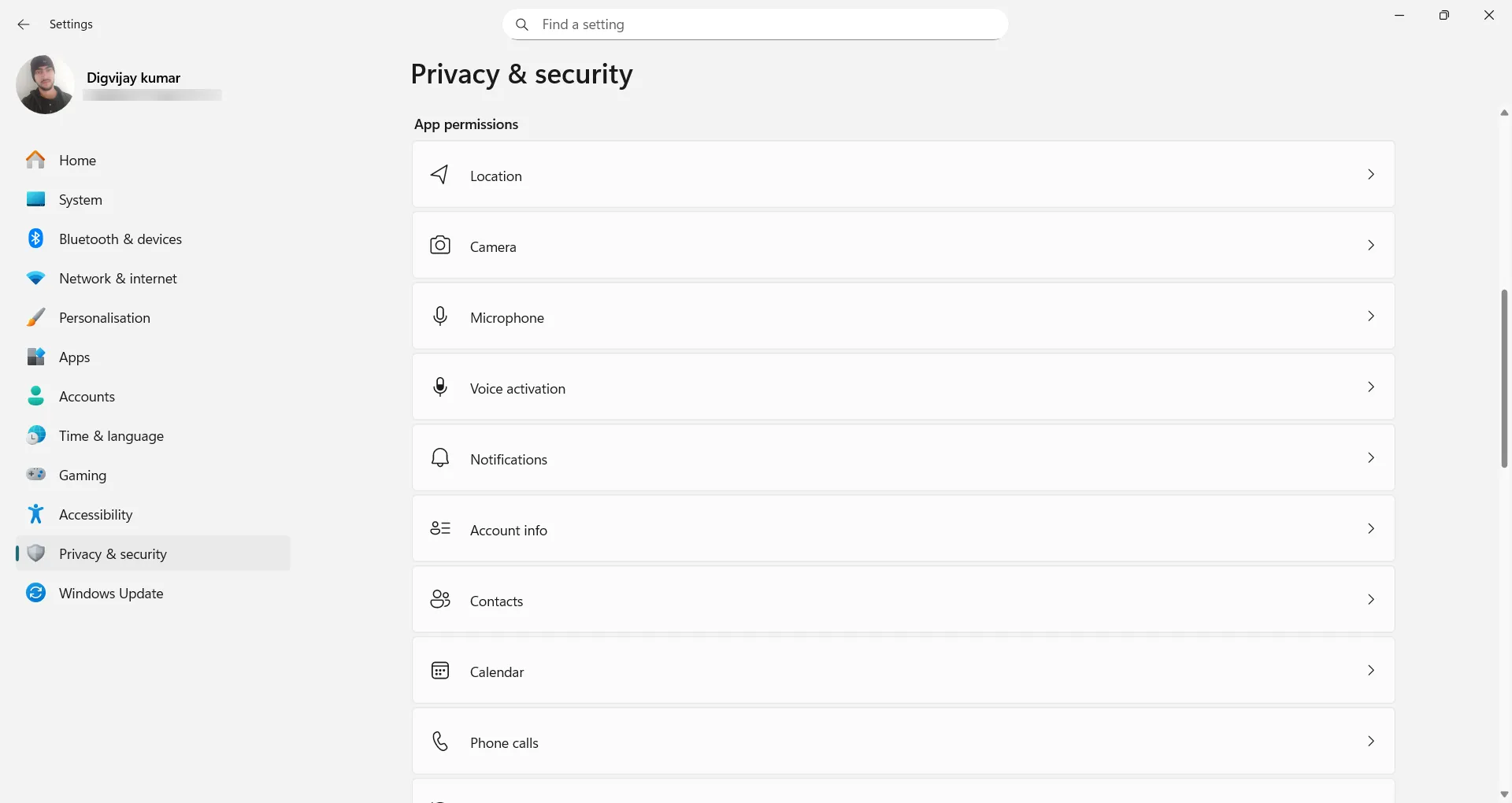 Elenco delle autorizzazioni delle app nella sezione Privacy e sicurezza di Windows.