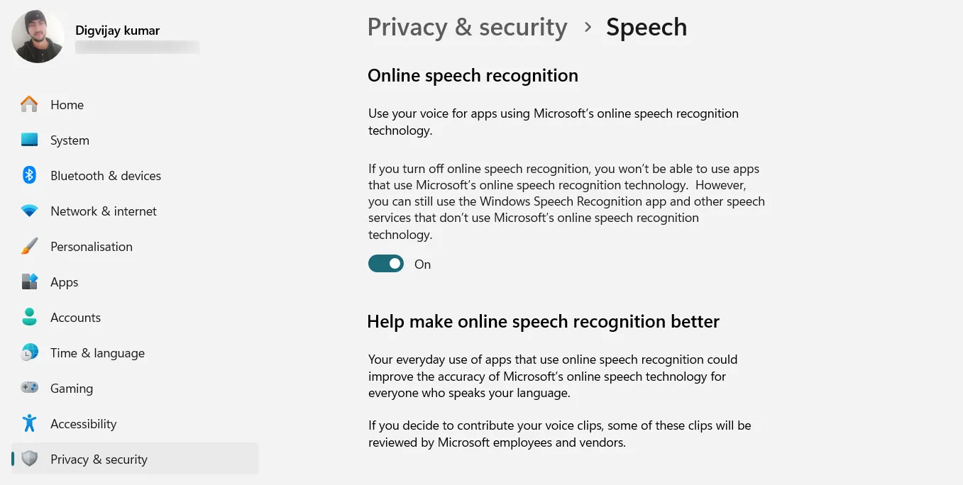 Impostazioni di privacy e sicurezza vocale in Windows.