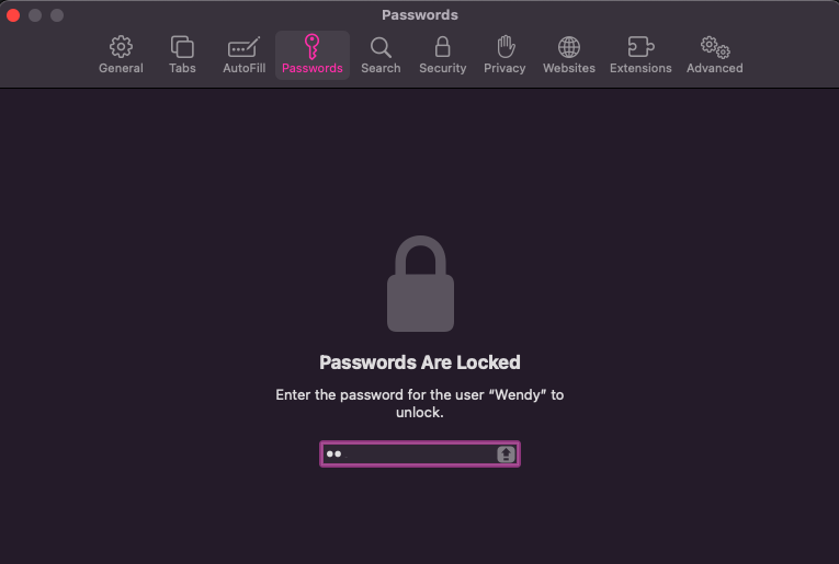 iCloud 키체인 아래의 비밀번호 표시줄에 비밀번호 입력 프롬프트가 표시됩니다.