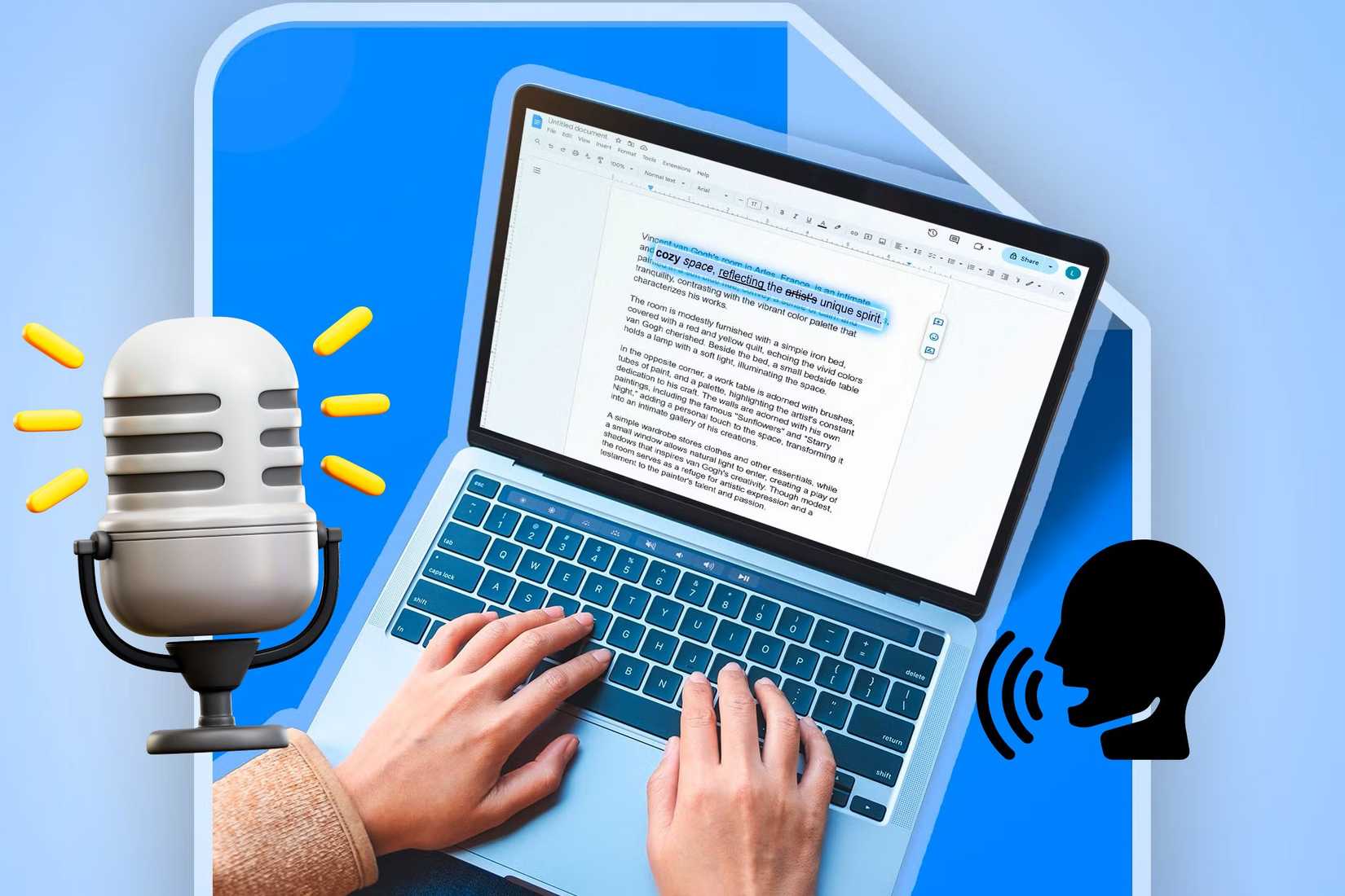شخص يستخدم جهاز كمبيوتر محمول مع مستندات Google مع رموز الميكروفون والكتابة بالصوت