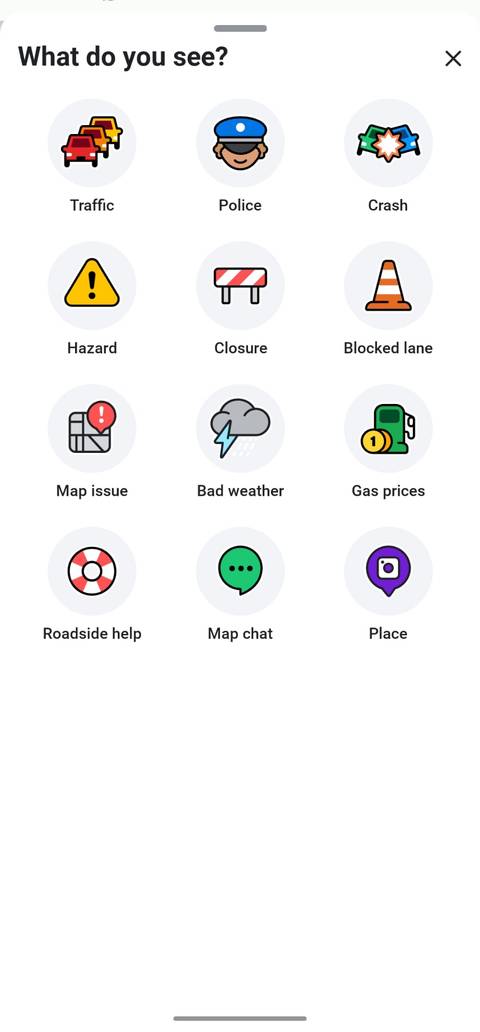 您可以使用 Waze 向其他人發送的警報的螢幕截圖