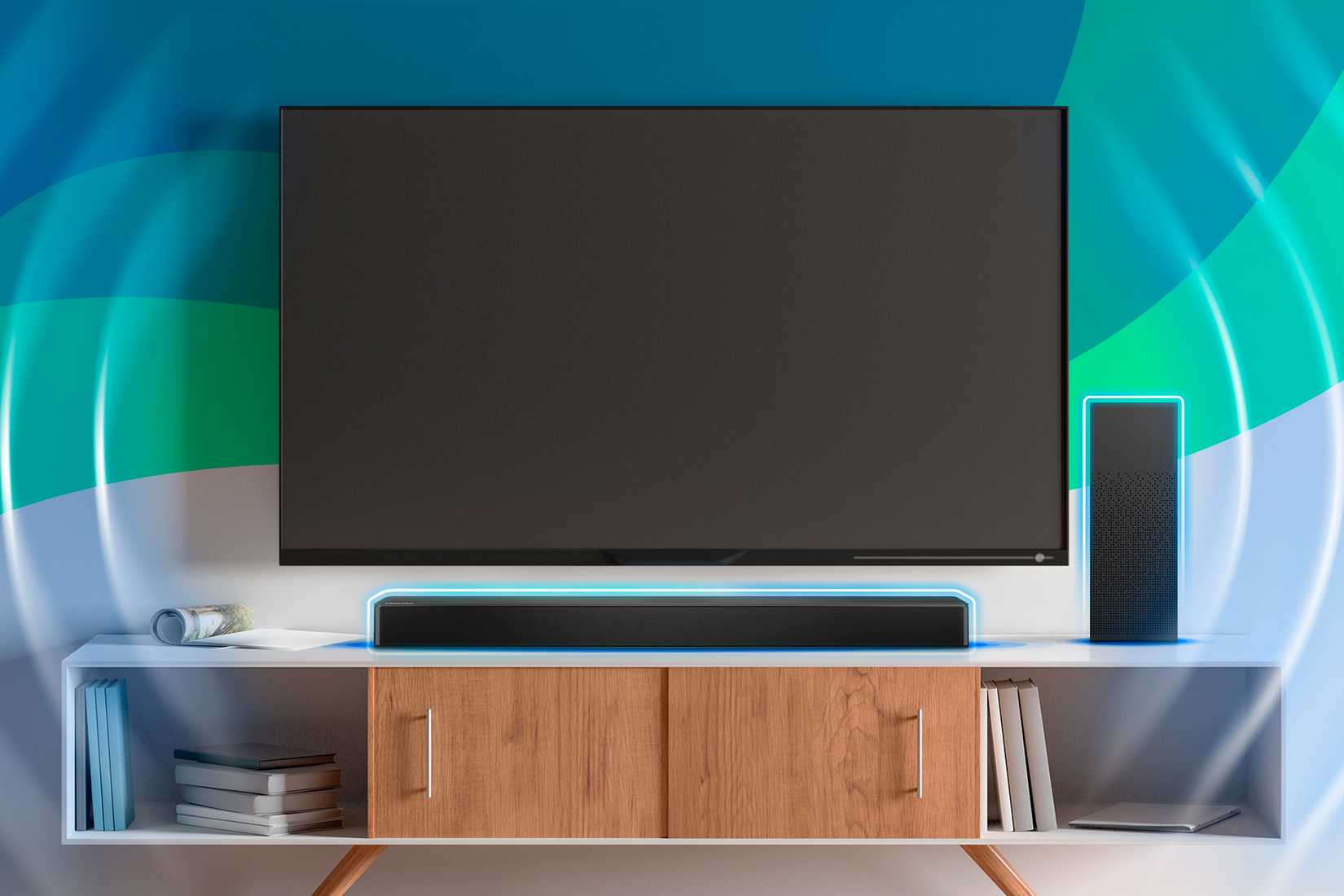 선반 위에 사운드 바가 달린 벽걸이 TV.
