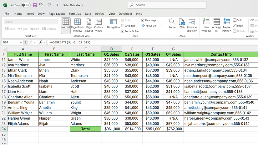 La funzione AGGREGA in Excel somma la somma ignorando le celle vuote nel set di dati.