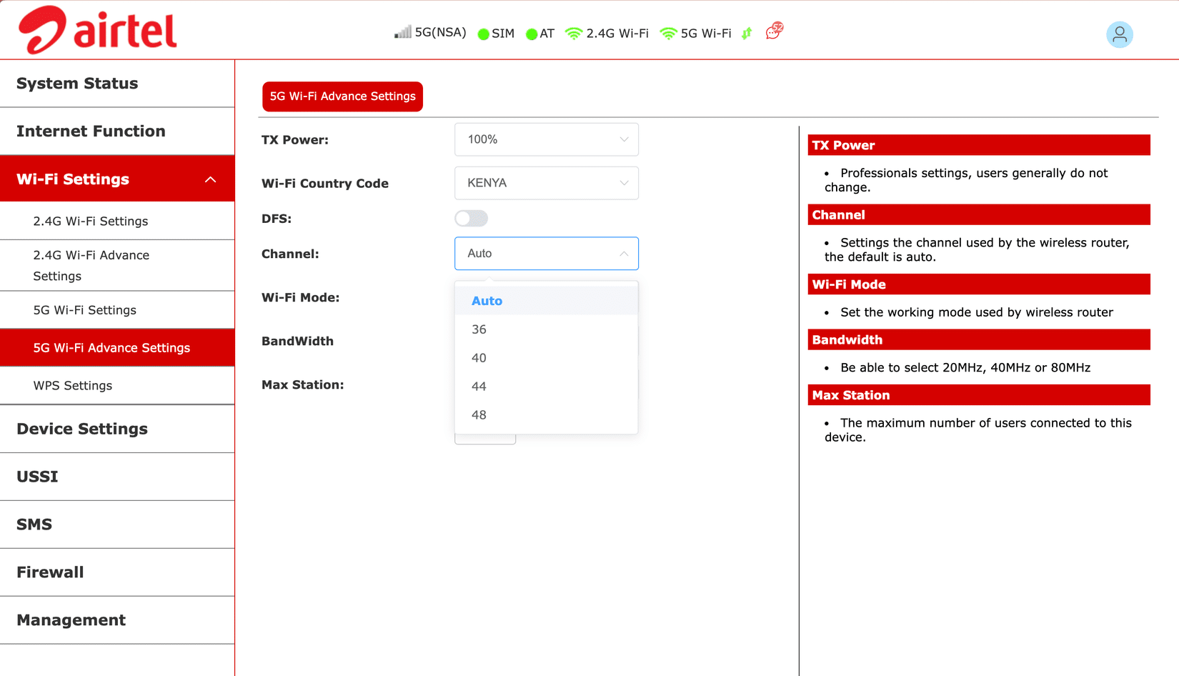 Il pannello di controllo del router Airtel mostra diversi canali Wi-Fi tra cui scegliere.