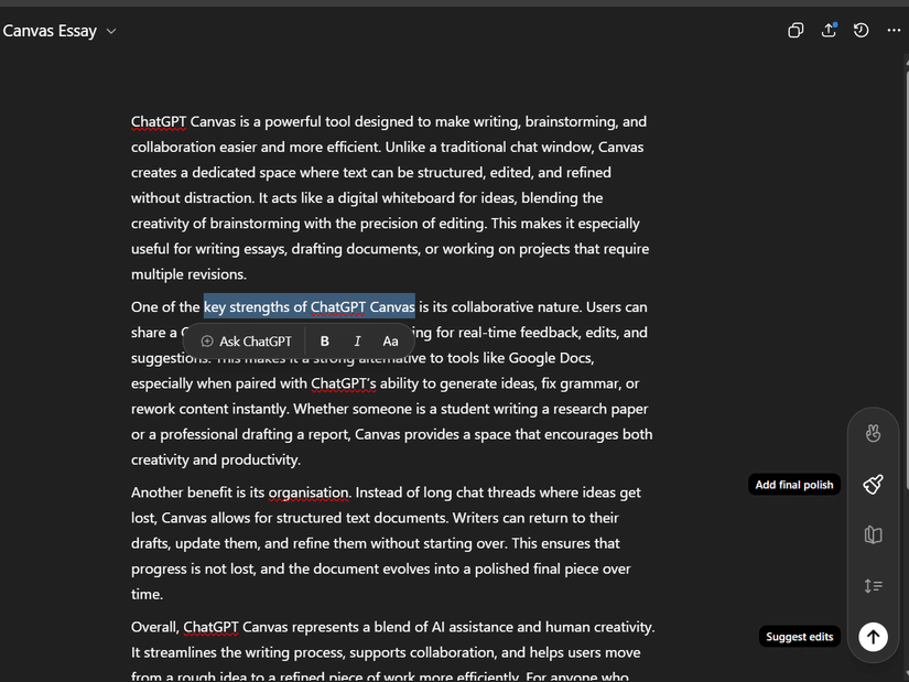 有關 ChatGPT Canvas 功能的一篇文章,右下角有一個「建議編輯」按鈕。