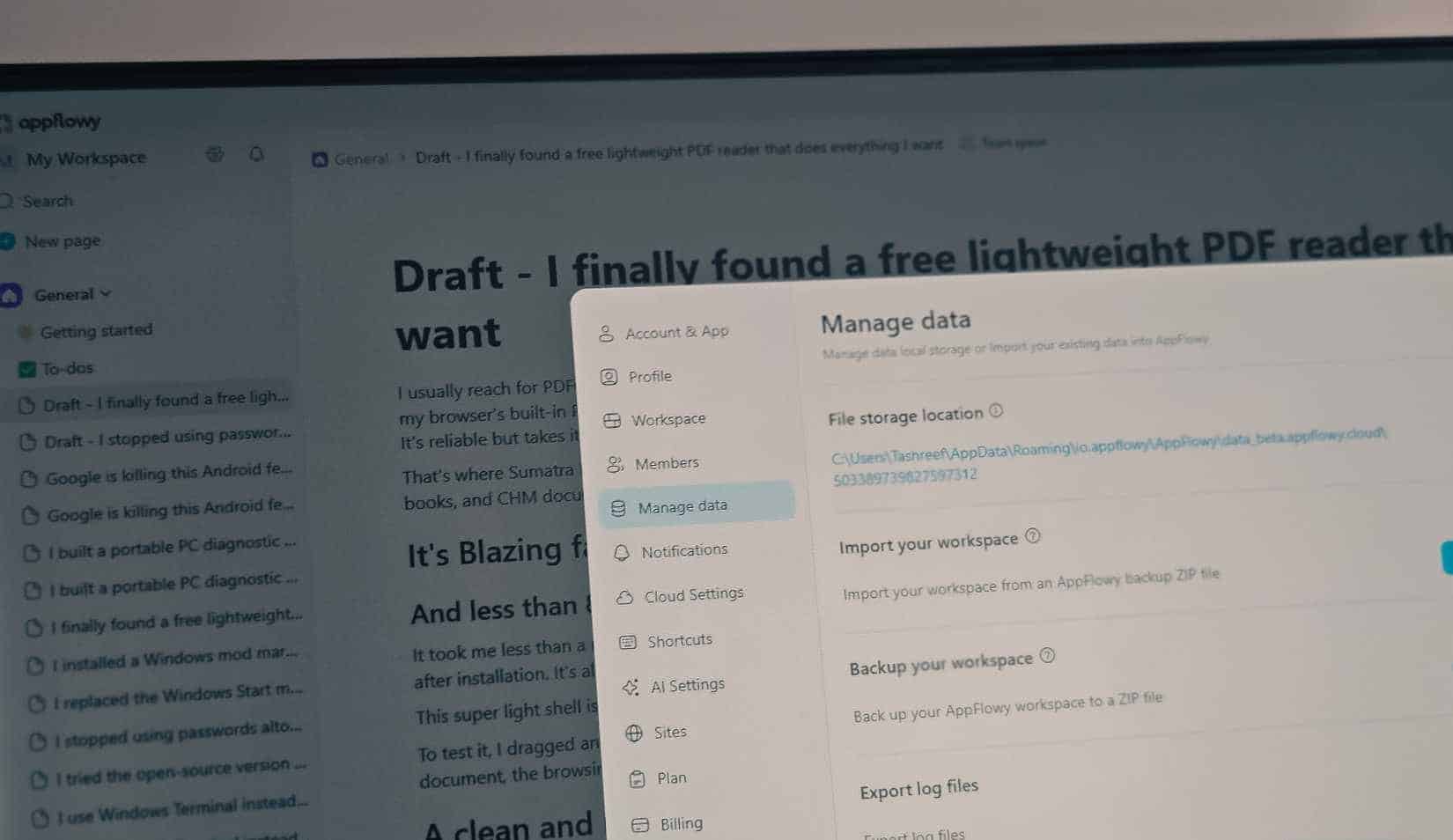 Ustawienia bazy danych Appflowy