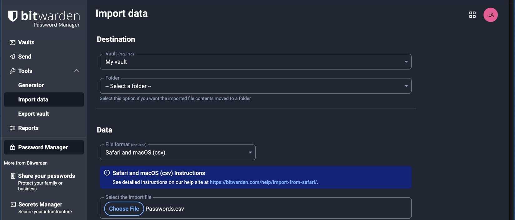 Pagina di importazione dati di Bitwarden