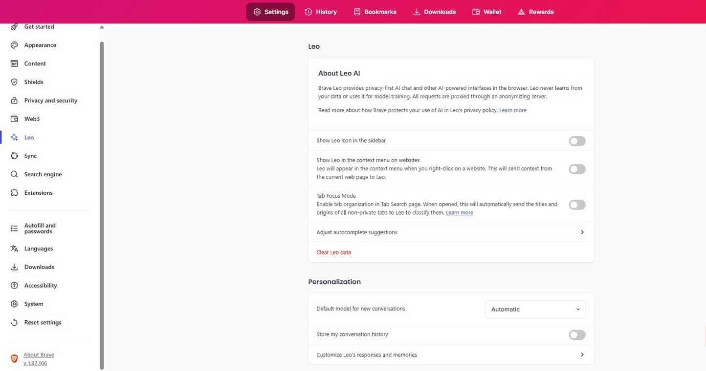 Configuración de inteligencia artificial de Leo del navegador Brave