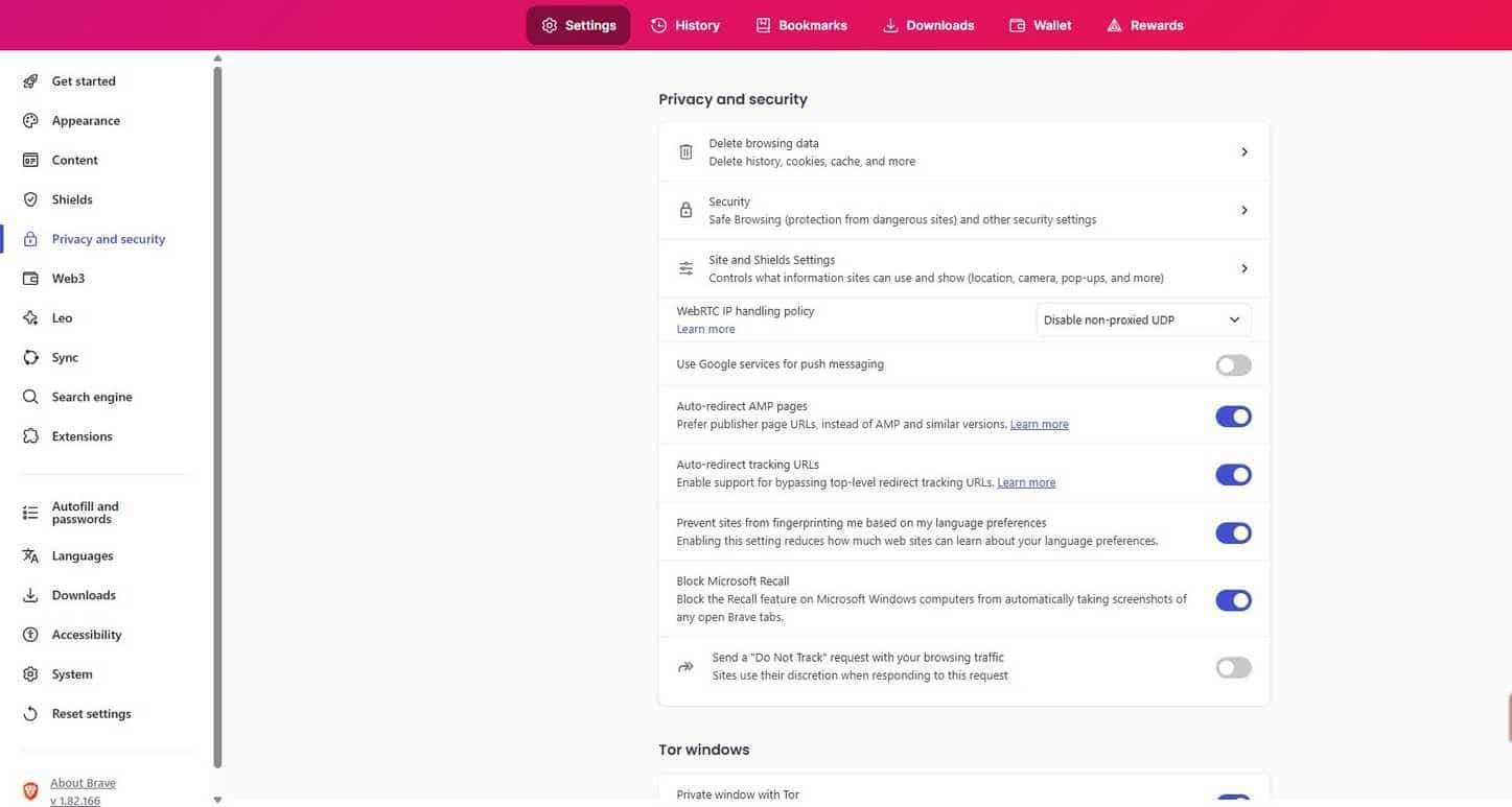 Configuración predeterminada de privacidad del navegador Brave