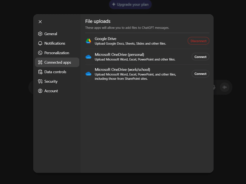ChatGPT 的連接應用程式功能將 Google Drive 顯示為連接的應用程式之一。