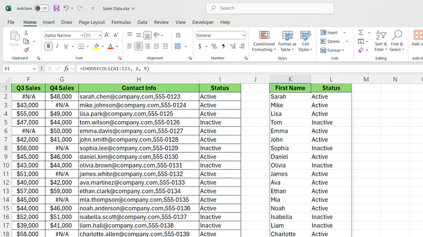 Funzione CHOOSECOLS in Excel per selezionare la prima e la nona colonna.