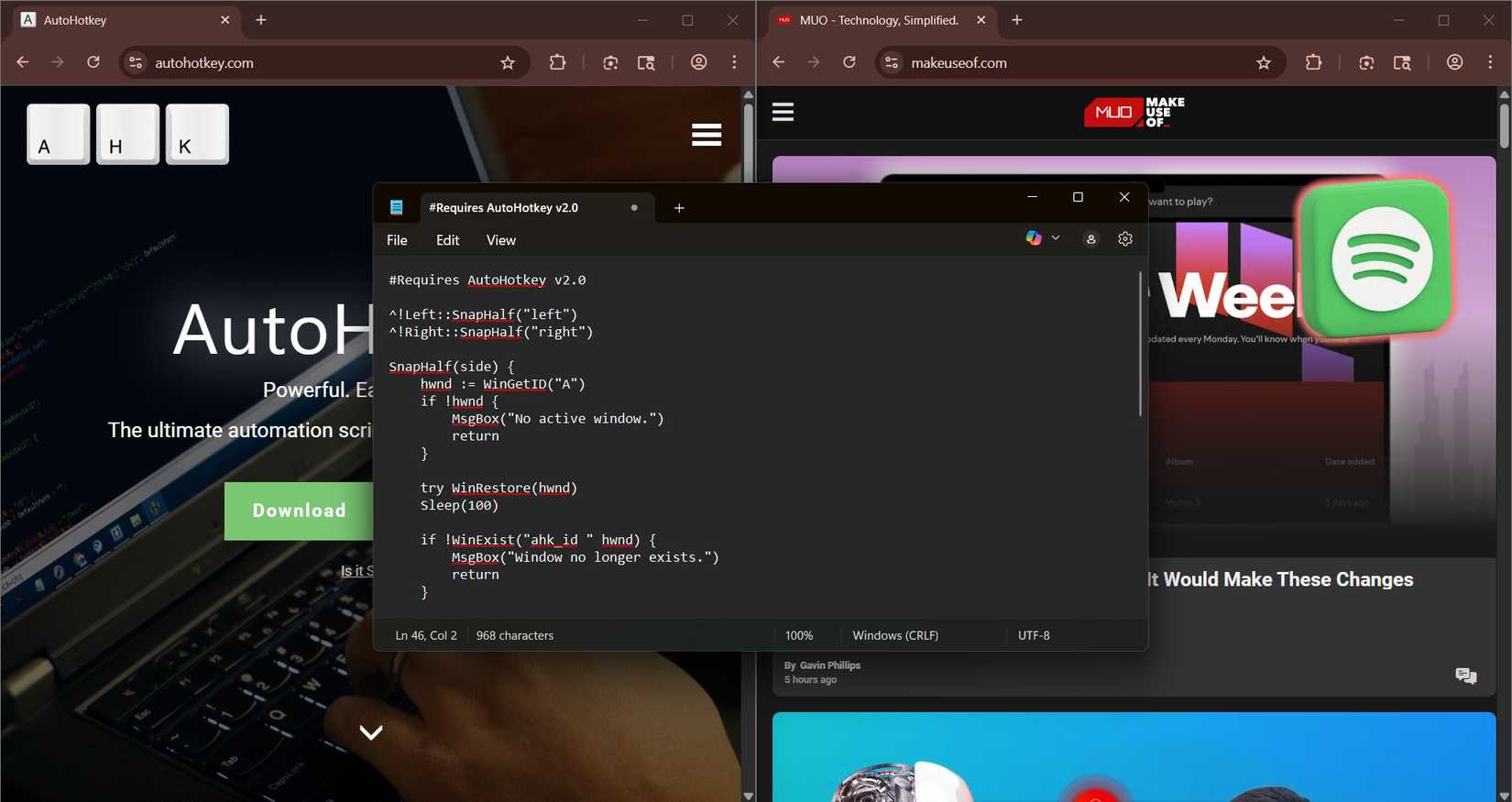 Uno screenshot di uno script AHK che aggancia con successo due finestre a destra e a sinistra di uno schermo