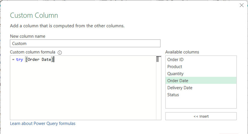 إنشاء عمود مخصص لتصفية الأخطاء في Power Query