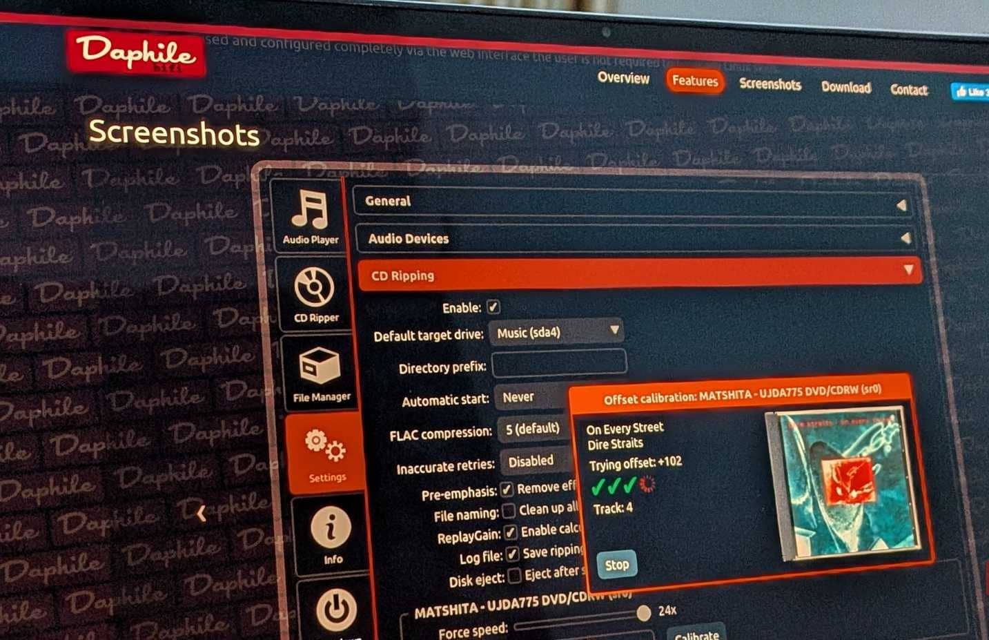 Sito web di Daphile Linux con screenshot.
