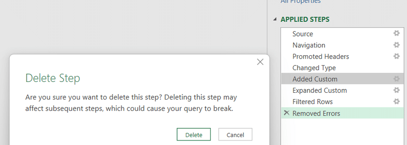 Deleting steps in Power Query