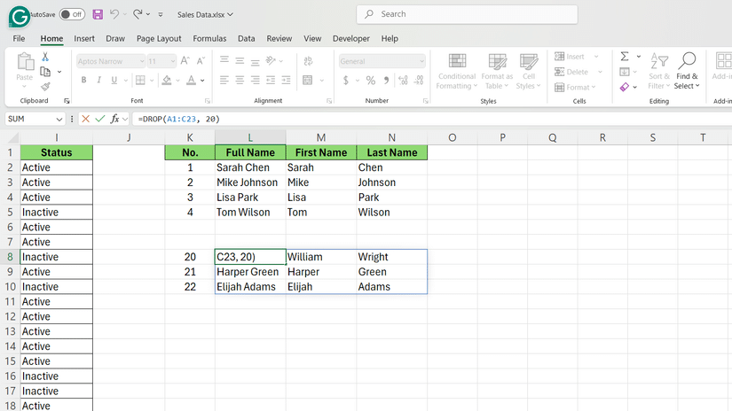 Funzione DROP in Excel per eliminare le prime venti righe di un set di dati.