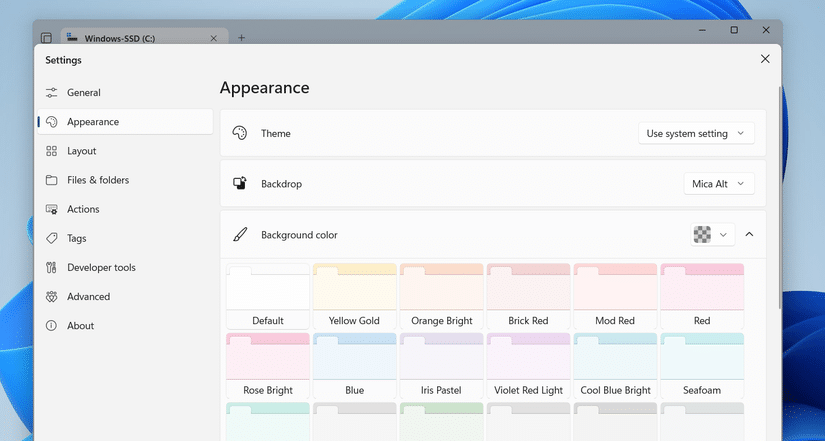 Impostazioni dell'aspetto dell'app File sul PC